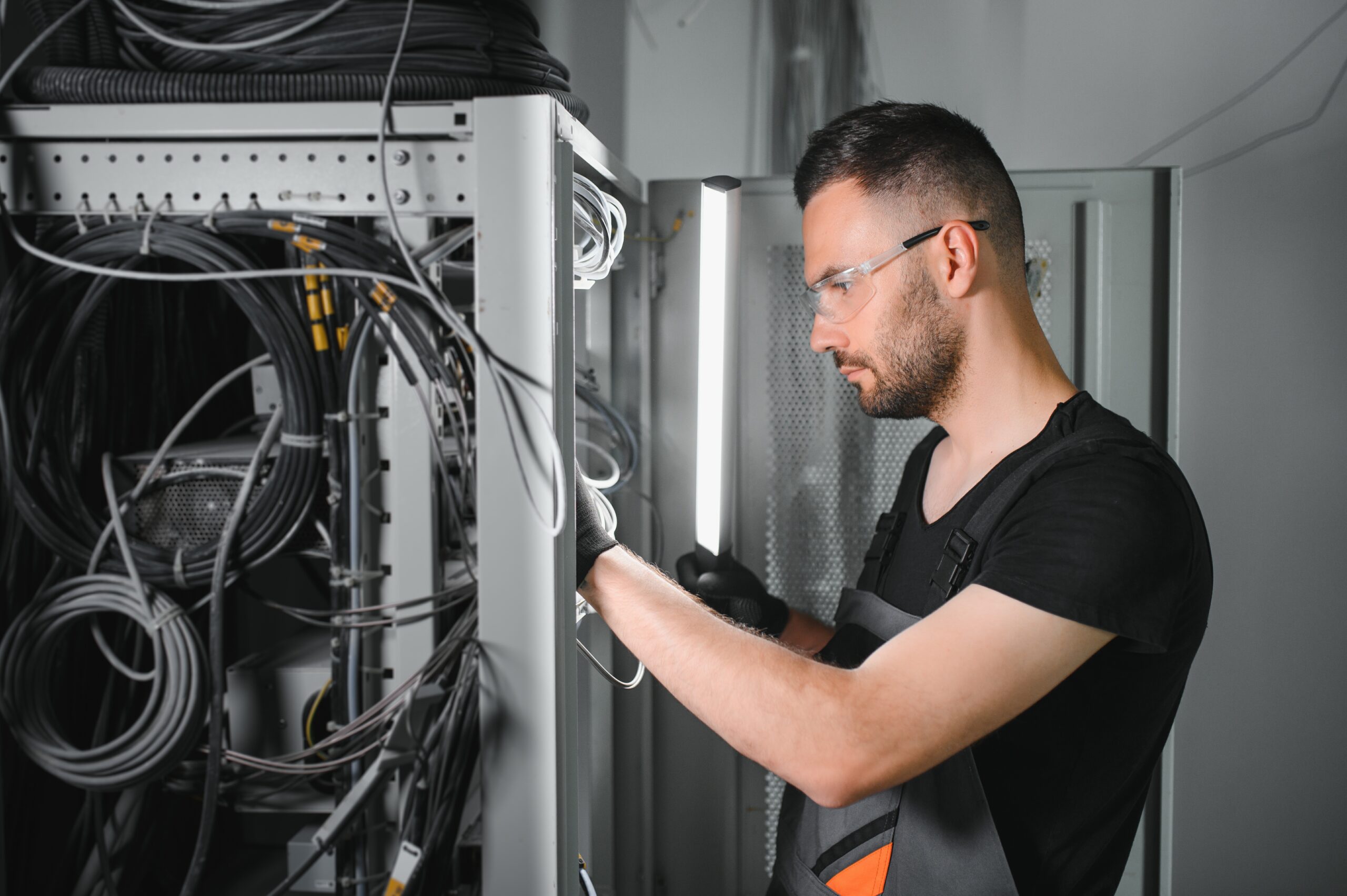 Engineer walking in high tech server facility performing data backups and providing centralized storage. Wireman repairing Uninterruptible Power Supply ensuring operational continuity