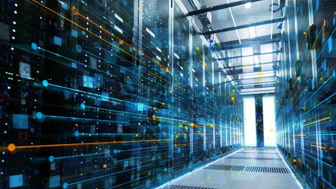 Main Data Center Background blue and green data center with orange lazers