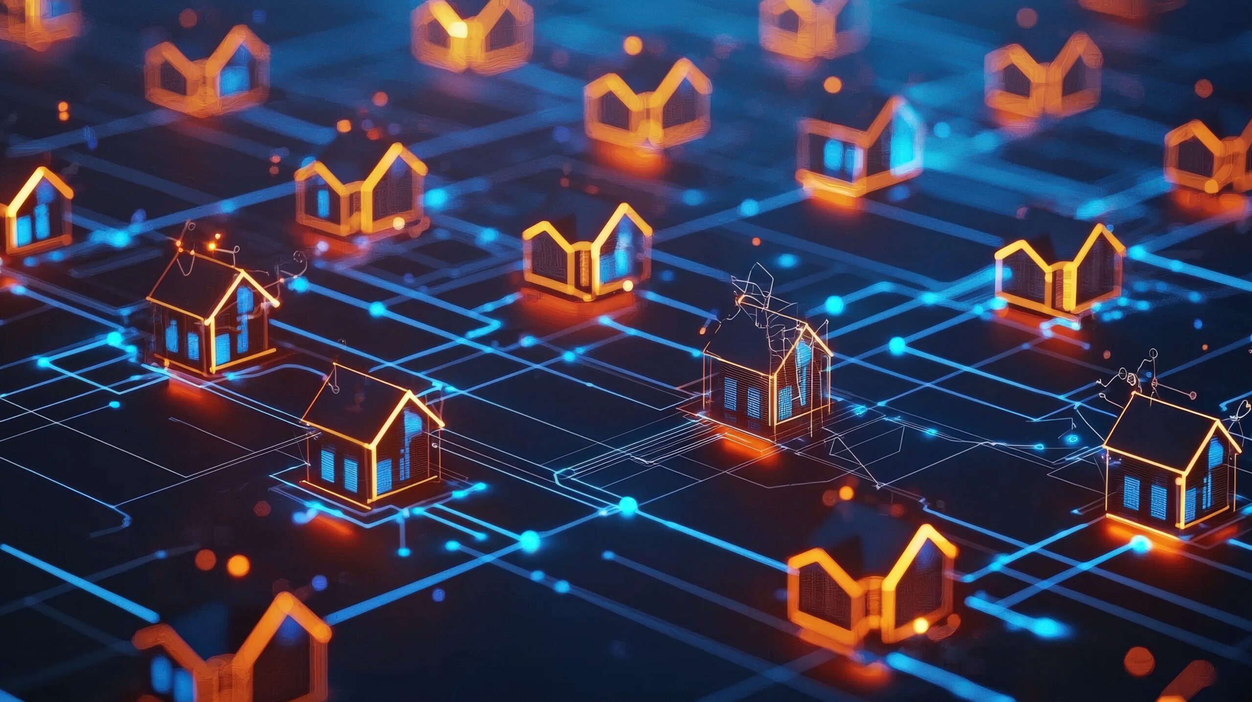 Network of connected houses glowing in a digital grid